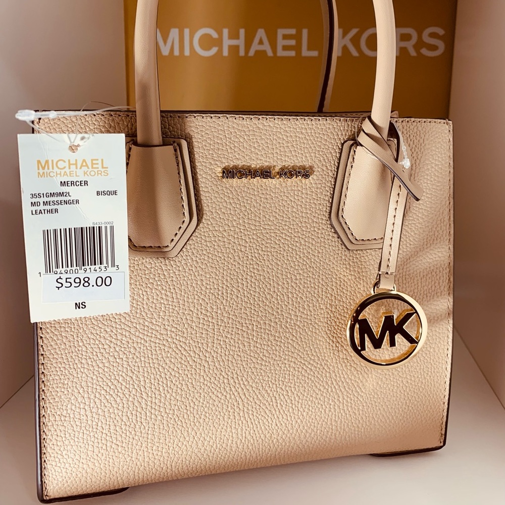 Michael Kors Mercer Medium Mk Signature PVC Leather Satchel Crossbody Bag, Purse